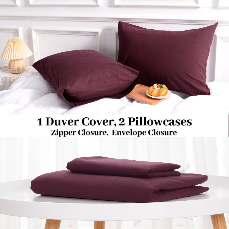 NEXHOME PRO Duvet Cover Set 100% Washed Cotton Full Size Linen Feel Textured Organic Natural 3 Pieces Bedding Set with Zipper Closure and Corner Ties, Breathable and Soft (Burgundy Red, No Comforter) - Image 5