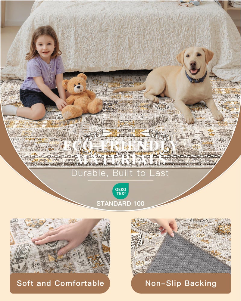 Madane Runner Rug 2x8, Washable Hallway Runner Rugs, Non-Slip Low-Pile Soft Kitchen Rug Runner Laundry Room Rug, Vintage Throw Entry Foyer Mat for Entrance Living Room (Brown/Gold, 2 x 8) - Image 5