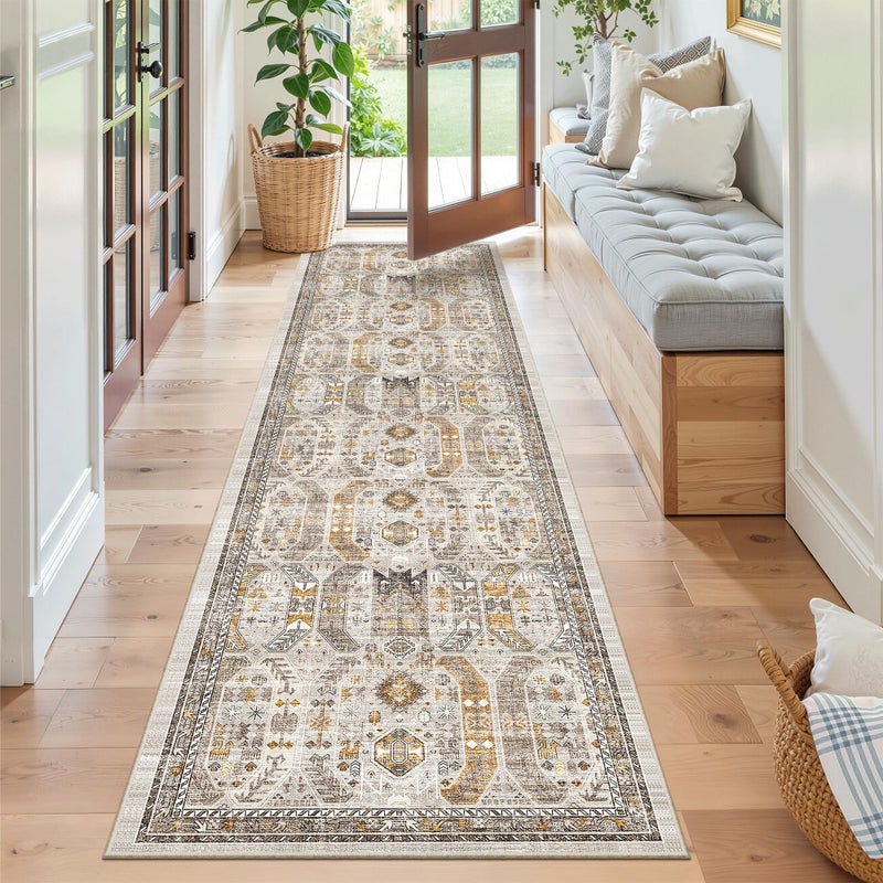 Madane Runner Rug 2x8, Washable Hallway Runner Rugs, Non-Slip Low-Pile Soft Kitchen Rug Runner Laundry Room Rug, Vintage Throw Entry Foyer Mat for Entrance Living Room (Brown/Gold, 2 x 8) - Image 3