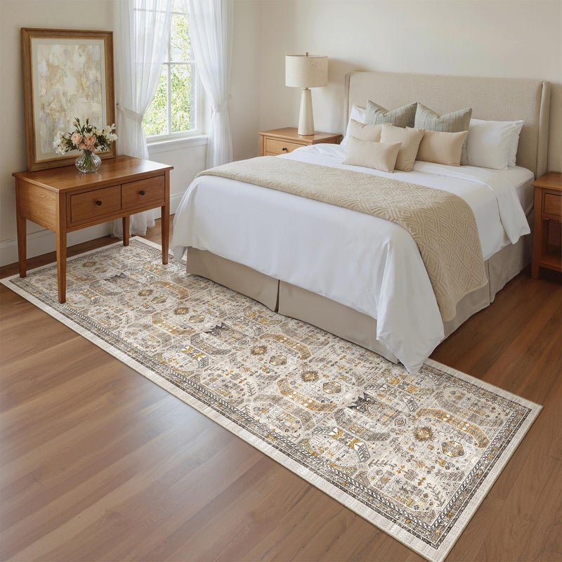 Madane Runner Rug 2x8, Washable Hallway Runner Rugs, Non-Slip Low-Pile Soft Kitchen Rug Runner Laundry Room Rug, Vintage Throw Entry Foyer Mat for Entrance Living Room (Brown/Gold, 2 x 8) - Image 4