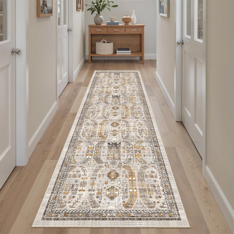 Madane Runner Rug 2x8, Washable Hallway Runner Rugs, Non-Slip Low-Pile Soft Kitchen Rug Runner Laundry Room Rug, Vintage Throw Entry Foyer Mat for Entrance Living Room (Brown/Gold, 2 x 8) - Image 2
