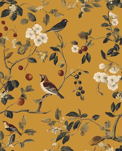 Laatse Vintage Bird Wallpaper 175x118 Yellow Chinoiserie Floral Wallpaper Peel and Stick Removable Waterproof Self Adhesive Boho Wall Paper Floral Contact Paper for Bedroom Walls Cabinet Locker - Image 1
