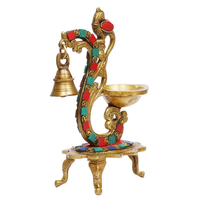 ARTVARKO Artvarko Brass Multicolor Bird Peacock Traditional Hanging Bell Diya Oil Lamp Stand Diwali Puja Home Office Temple 8 Inches  - Image 4