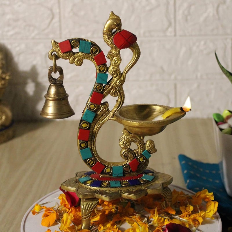 ARTVARKO Artvarko Brass Multicolor Bird Peacock Traditional Hanging Bell Diya Oil Lamp Stand Diwali Puja Home Office Temple 8 Inches  - Image 1