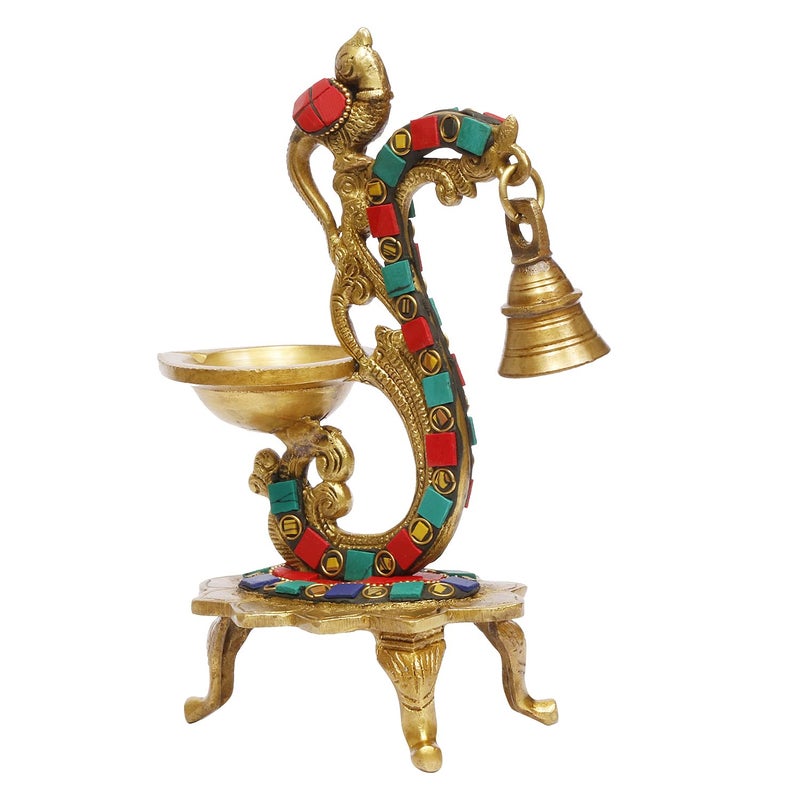 ARTVARKO Artvarko Brass Multicolor Bird Peacock Traditional Hanging Bell Diya Oil Lamp Stand Diwali Puja Home Office Temple 8 Inches  - Image 3