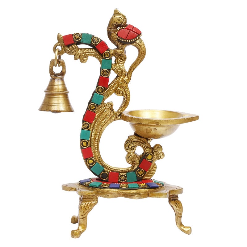 ARTVARKO Artvarko Brass Multicolor Bird Peacock Traditional Hanging Bell Diya Oil Lamp Stand Diwali Puja Home Office Temple 8 Inches  - Image 2