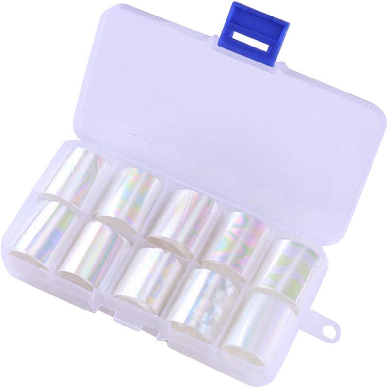 WOKOTO 10 Rolls White Pearl Color Holographic Nail Art Foil Transfer Roll Set Mix-Pattern Stickers Nails Transfer Decals Wraps Kit(1.0inchs*39.4inchs / 2.5cm*100cm)