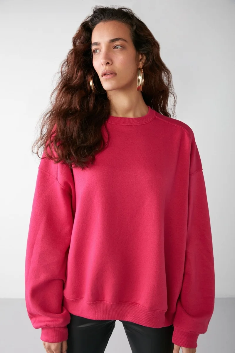 GRIMELANGE Susana Women's Crew Neck Polar Fleece Oversize Fit Basic Pink Sweatshirt