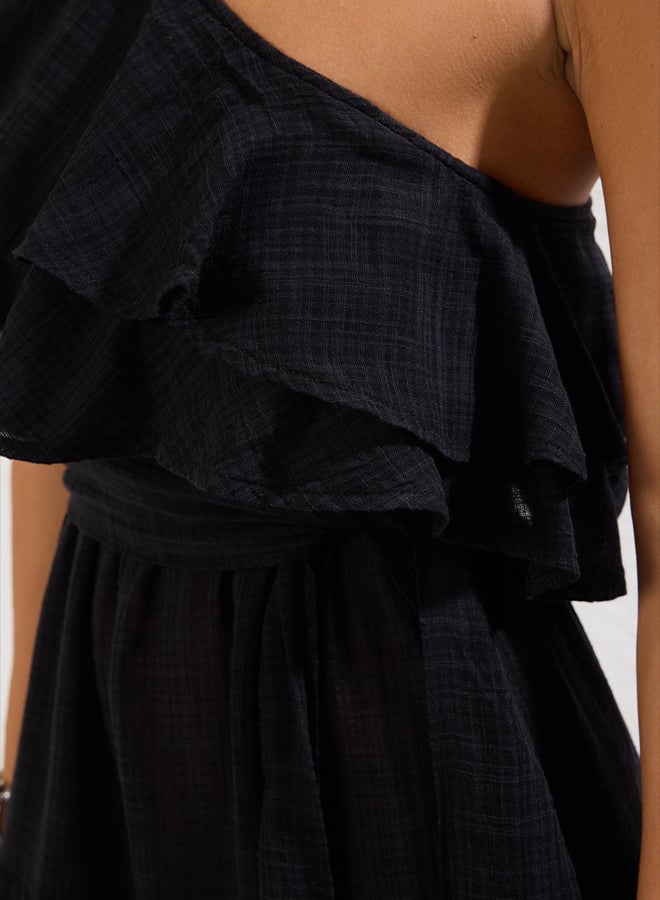 trendyol Beach Wear Black Maxi Woven One Shoulder Flounce Linen Look Dress  - Image 4