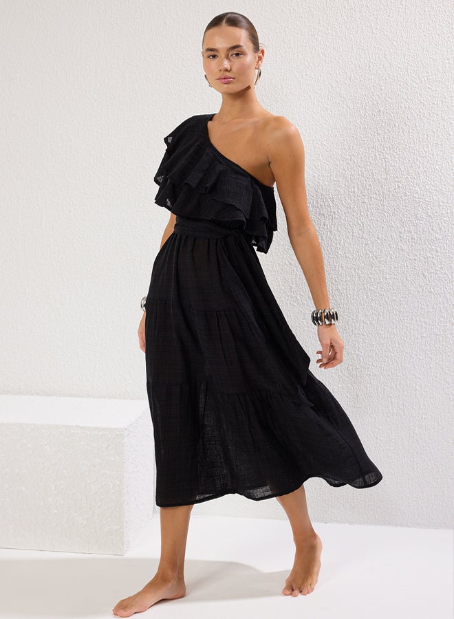 trendyol Beach Wear Black Maxi Woven One Shoulder Flounce Linen Look Dress  - Image 1