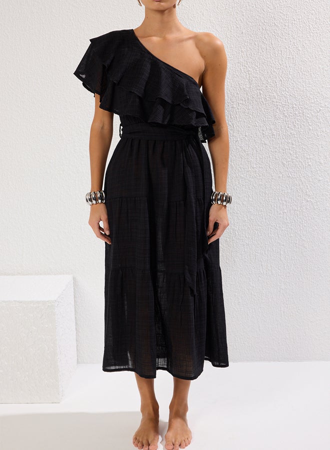 trendyol Beach Wear Black Maxi Woven One Shoulder Flounce Linen Look Dress  - Image 3