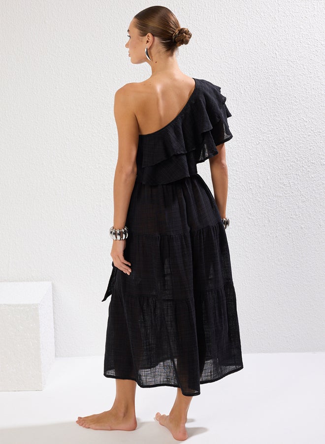 trendyol Beach Wear Black Maxi Woven One Shoulder Flounce Linen Look Dress  - Image 5