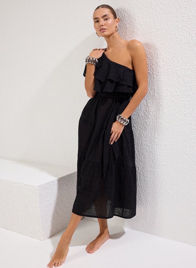 trendyol Beach Wear Black Maxi Woven One Shoulder Flounce Linen Look Dress  - Image 2