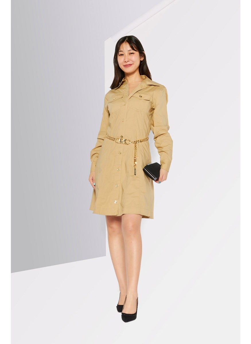 Michael Kors - Women Solid Belted Shirt Dress, Khaki - Image 1