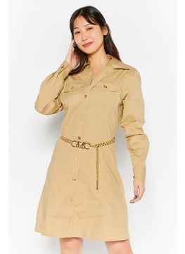 Women Solid Belted Shirt Dress, Khaki