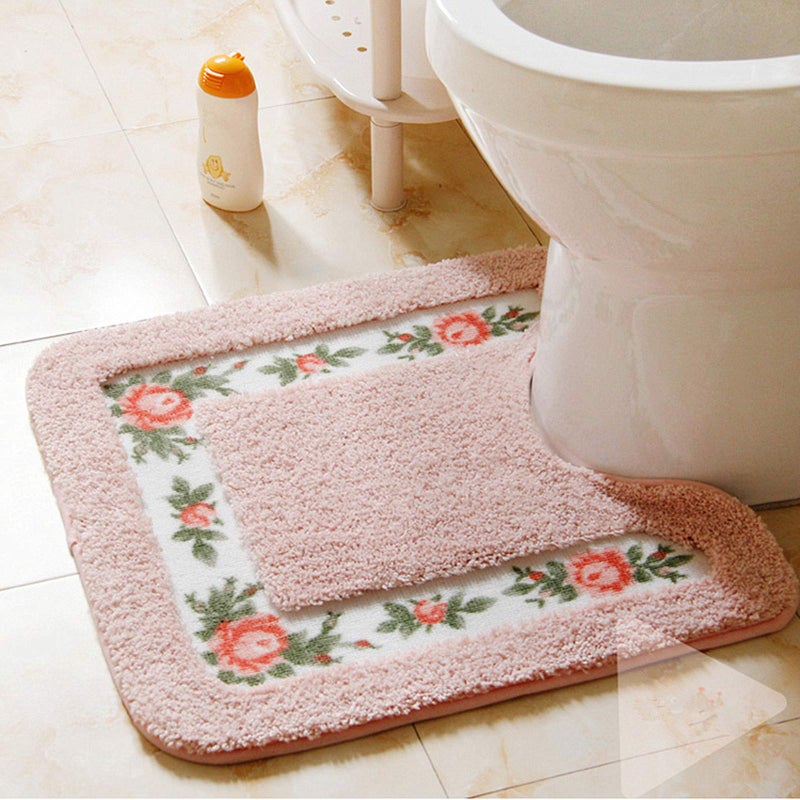 UKELER Luxurious Soft Floral NonSlip Toilet Contour Rug Contour Bath Rug Soft Shaggy UShaped Toilet Floor Mat for Bathroom 20By20 Inch Pink