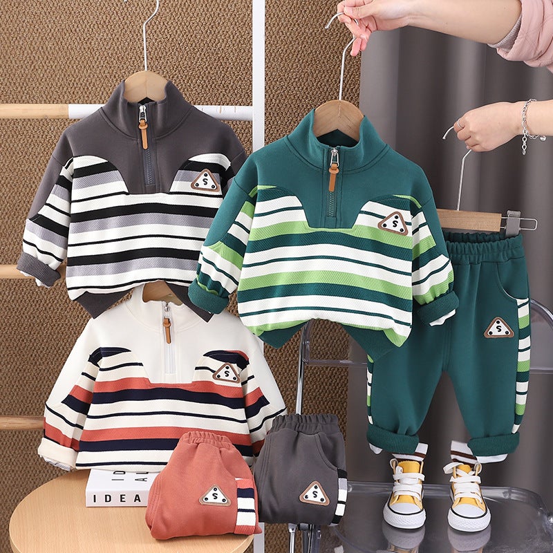 Boys Spring Suit New Striped Letter Label Long Sleeve Casual Fried Street Children'S Two-Piece Set - Image 2