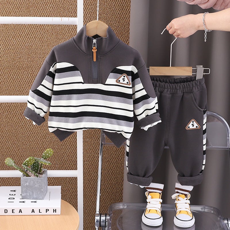 Boys Spring Suit New Striped Letter Label Long Sleeve Casual Fried Street Children'S Two-Piece Set - Image 4