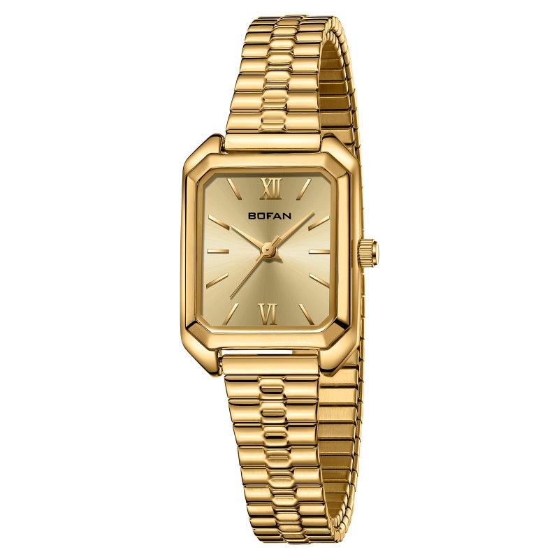 BOFAN Vintage Square Small Watches for Women Easy Read Ladies Quartz Wrist Watch with Stainless Steel Expansion BandGold DialWater Resistant590in669in - Image 2