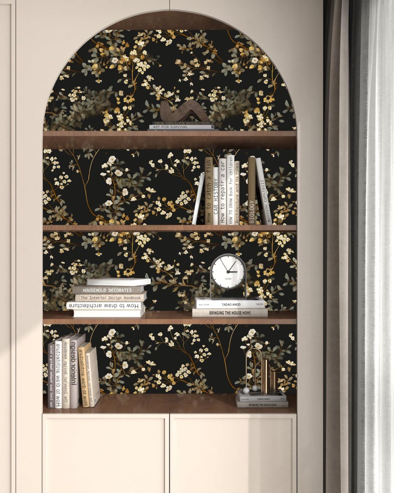 Fvlow Black Floral Wallpaper Classic Leaves Wall Paper 17.4" x 118" Dark Moody Contact Paper Vintage Chinoiserie Watercolor Self Adhesive Covering for Bedroom Bathroom Cabinet Home Decor Beige Gold - Image 5