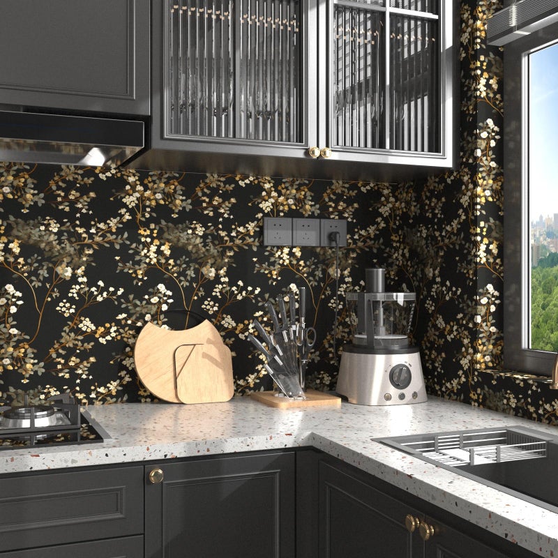 Fvlow Black Floral Wallpaper Classic Leaves Wall Paper 17.4" x 118" Dark Moody Contact Paper Vintage Chinoiserie Watercolor Self Adhesive Covering for Bedroom Bathroom Cabinet Home Decor Beige Gold - Image 2