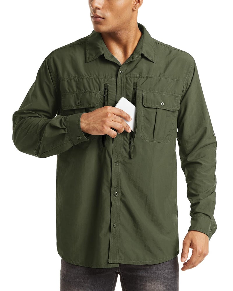 MAGCOMSEN Mens Button Down Shirts Long Sleeve UV Shirts Fishing Shirt for Men Work Shirt for Men Hiking Shirt Army Green S - Image 2
