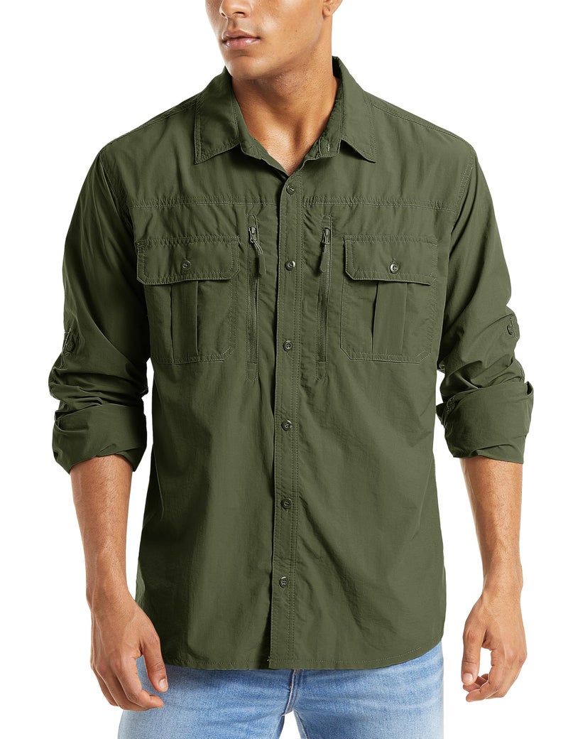 MAGCOMSEN Mens Button Down Shirts Long Sleeve UV Shirts Fishing Shirt for Men Work Shirt for Men Hiking Shirt Army Green S - Image 1