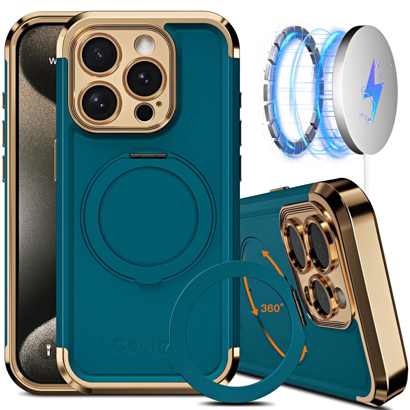 COOLQO for iPhone 15 Pro Max Case 67 Upgraded 360 Spin Magnetic Stand Compatible with MagsafeMilitary Protection Shockproof Protective Phone Holder Cover for iPhone 15 Pro Max Green Gold - Image 2