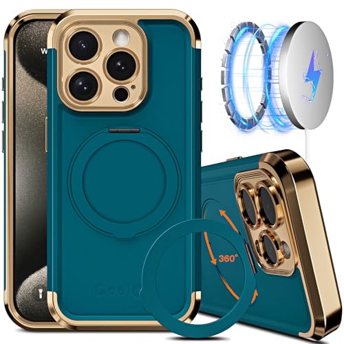 COOLQO for iPhone 15 Pro Max Case 67 Upgraded 360 Spin Magnetic Stand Compatible with MagsafeMilitary Protection Shockproof Protective Phone Holder Cover for iPhone 15 Pro Max Green Gold - Image 1