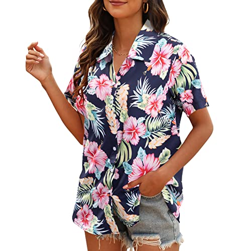 MYHALF Women Hawaiian Shirt Soft Cool Summer Hawaii Shirts Floral Tropic Print V Neck T-Shirt Short Sleeve Button Up Tops - Image 3