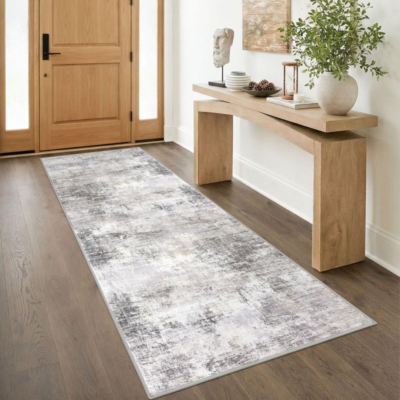IOHOUZE Abstract Runner Rug 3x8 Ft Washable Runners for Hallways, Non Slip Kitchen Runner Printed Faux Wool Entryway Runner Indoor, Modern Abstract Floor Carpet for Hall Bedroom, Grey Beige - Image 1