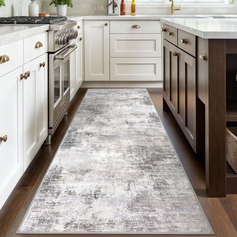 IOHOUZE Abstract Runner Rug 3x8 Ft Washable Runners for Hallways, Non Slip Kitchen Runner Printed Faux Wool Entryway Runner Indoor, Modern Abstract Floor Carpet for Hall Bedroom, Grey Beige - Image 2