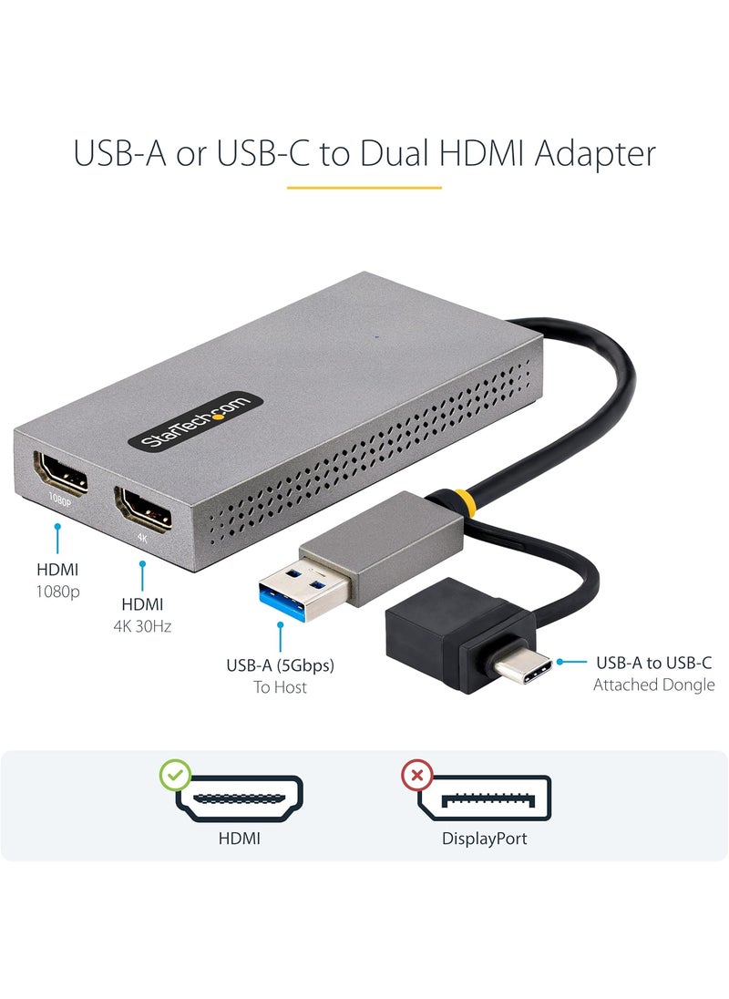StarTech USB to Dual HDMI Adapter USB AC to 2x HDMI Displays 1x 4K30 1x 1080p USB 30 to HDMI Converter 4in11cm Cable WinMac  - Image 3