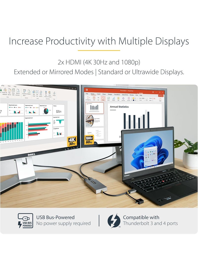 StarTech USB to Dual HDMI Adapter USB AC to 2x HDMI Displays 1x 4K30 1x 1080p USB 30 to HDMI Converter 4in11cm Cable WinMac  - Image 2