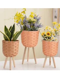 FFD Set of 3 Woven Rattan Plant Stands – Elegant Flower Pot Holders with Wooden Legs for Indoor and Outdoor Use – Versatile Plant Display Rack and Planter Pot Container