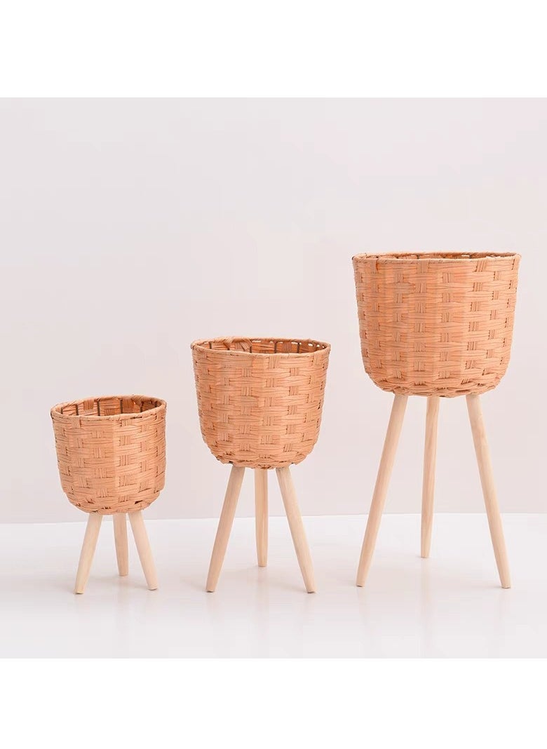 Generic - FFD Set of 3 Woven Rattan Plant Stands – Elegant Flower Pot Holders with Wooden Legs for Indoor and Outdoor Use – Versatile Plant Display Rack and Planter Pot Container - Image 1