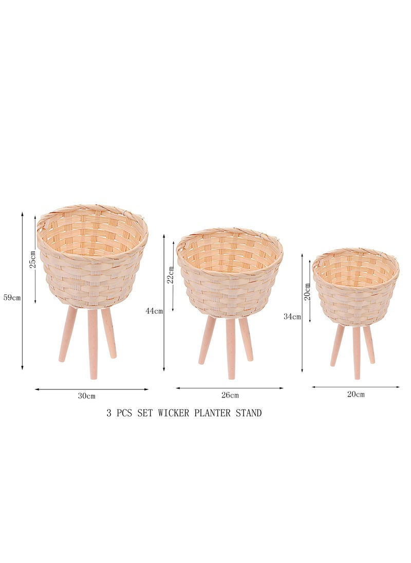 Generic - FFD Set of 3 Woven Rattan Plant Stands – Elegant Flower Pot Holders with Wooden Legs for Indoor and Outdoor Use – Versatile Plant Display Rack and Planter Pot Container - Image 1
