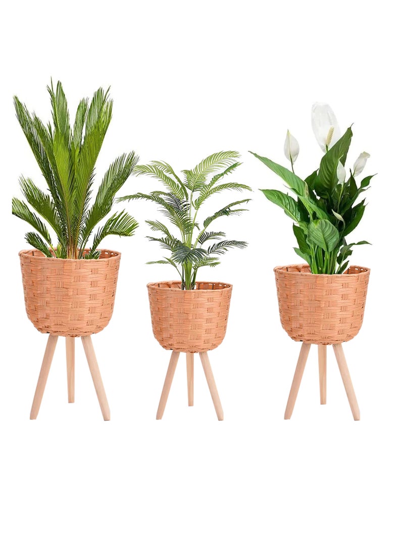 Generic - FFD Set of 3 Woven Rattan Plant Stands – Elegant Flower Pot Holders with Wooden Legs for Indoor and Outdoor Use – Versatile Plant Display Rack and Planter Pot Container - Image 1