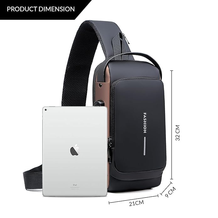 LATIQ MART Crossbody Sling Bag For Men Women, Anti-Theft Fashion Chest Bag with USB Charging Port, Messenger Bags, Waterproof Casual Shoulder Bag (Black & Golden) - Image 3