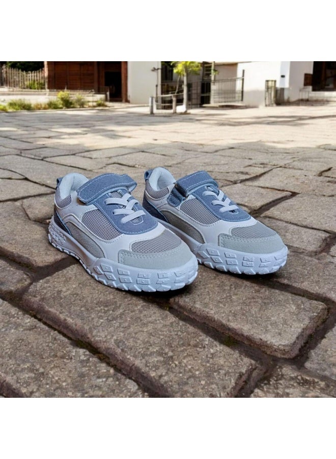 Kids Sport Sneakers Velcro Running Shoes – Breathable Grey Blue Trainers - Image 1