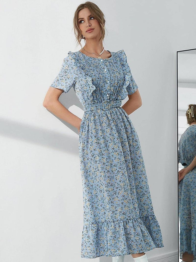 KOTTY Womens Polyester Printed Fit and Flared Sky Blue Dress - Image 2