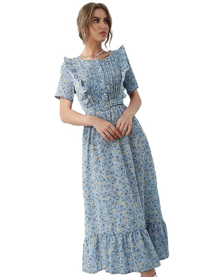 KOTTY Womens Polyester Printed Fit and Flared Sky Blue Dress - Image 1