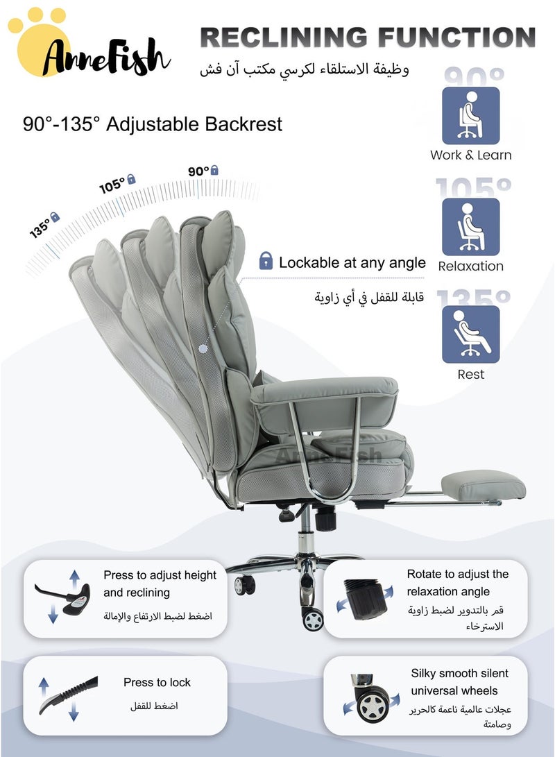 AnneFish Ergonomic Office Chair with Footrest Large Executive Cloud Swivel Desk Chair High Back Height Adjustable Reclining Chair Home Office Comfortable Cat-Scratch-Resistant Leather Computer Gaming Chair Spring Seat Silent Wheels - Image 3