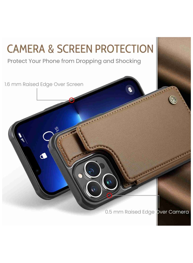 CaseMe Wallet Case for iPhone 13 Pro Max, Premium Handmade Durable PU Leather Slim Shockproof Case with [Double Magnetic Clasp] [Card Holder] [Kickstand] [RFID Blocking] (Brown) - Image 3
