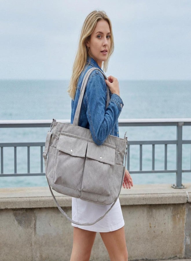 VODIU Corduroy Tote Bag for Women Casual Large Capacity Shoulder Handbag with Zipper, Womens Crossbody Bags with Pockets - Image 2