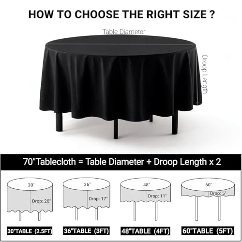 MRJ Black 70 Inch Round Tablecloths Stain and Wrinkle Resistant Washable Polyester Table Cloth for Wedding Dining Banquet Birthday Party Buffet - Image 3