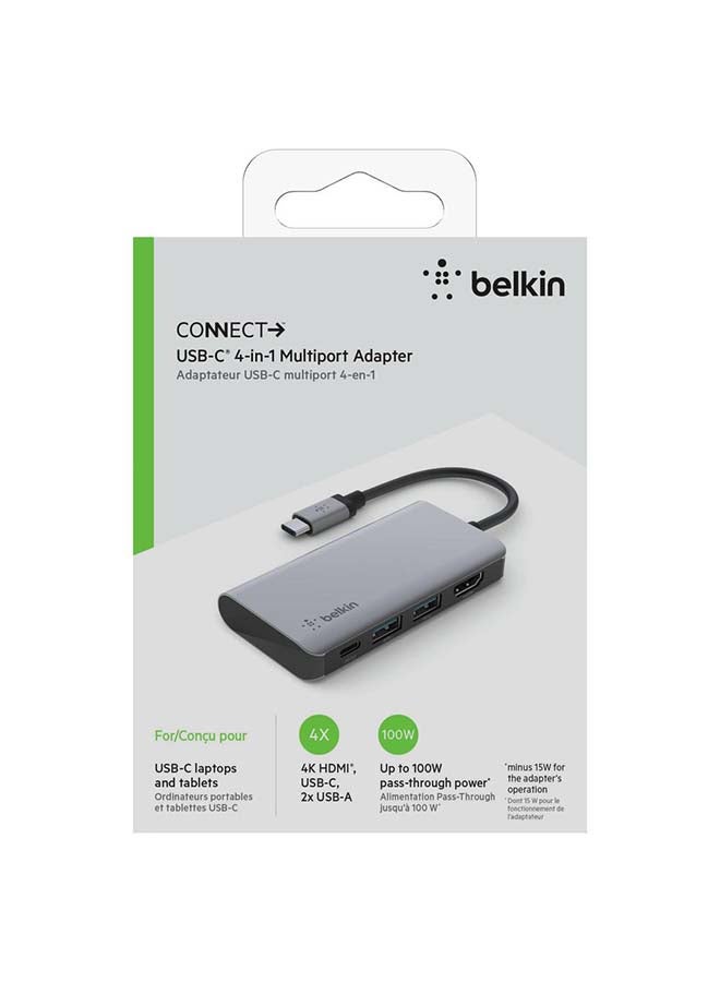 belkin 4 In 1 USB C MultiPort Adapter With 4K HDMI 100W Power Delivery Pass Through ChargIng 2 USB A Ports   Compatible With MacBook Pro MacBook Air iPad XPS And More Gray Gray - Image 3