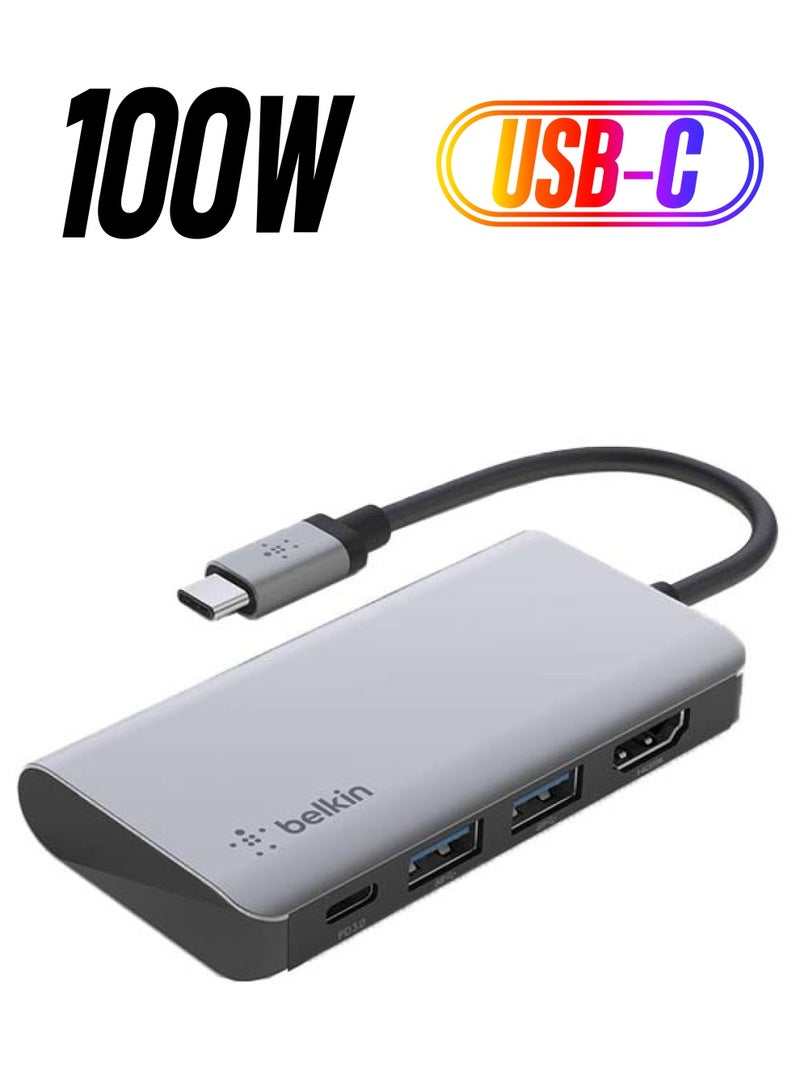 belkin 4 In 1 USB C MultiPort Adapter With 4K HDMI 100W Power Delivery Pass Through ChargIng 2 USB A Ports   Compatible With MacBook Pro MacBook Air iPad XPS And More Gray Gray - Image 1