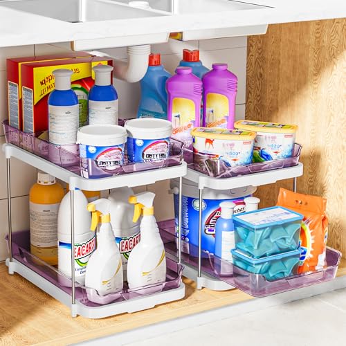 Delamu 2-Tier Multi-Purpose Bathroom Under Sink Organizers and Storage, Stackable Kitchen Pantry Organization, Pull Out Medicine Cabinet Organizer with Movable Dividers, Purple, 2 Pack - Image 5