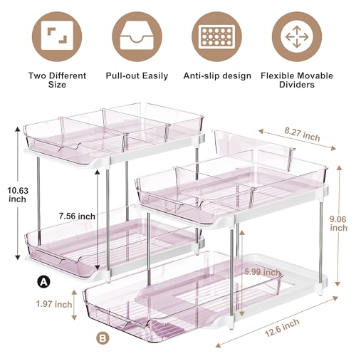Delamu 2-Tier Multi-Purpose Bathroom Under Sink Organizers and Storage, Stackable Kitchen Pantry Organization, Pull Out Medicine Cabinet Organizer with Movable Dividers, Purple, 2 Pack - Image 2
